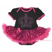 Black Baby Bodysuit Bling Hot Pink Sequins Pettiskirt & Sparkle Rhinestone Crown Print JS4402